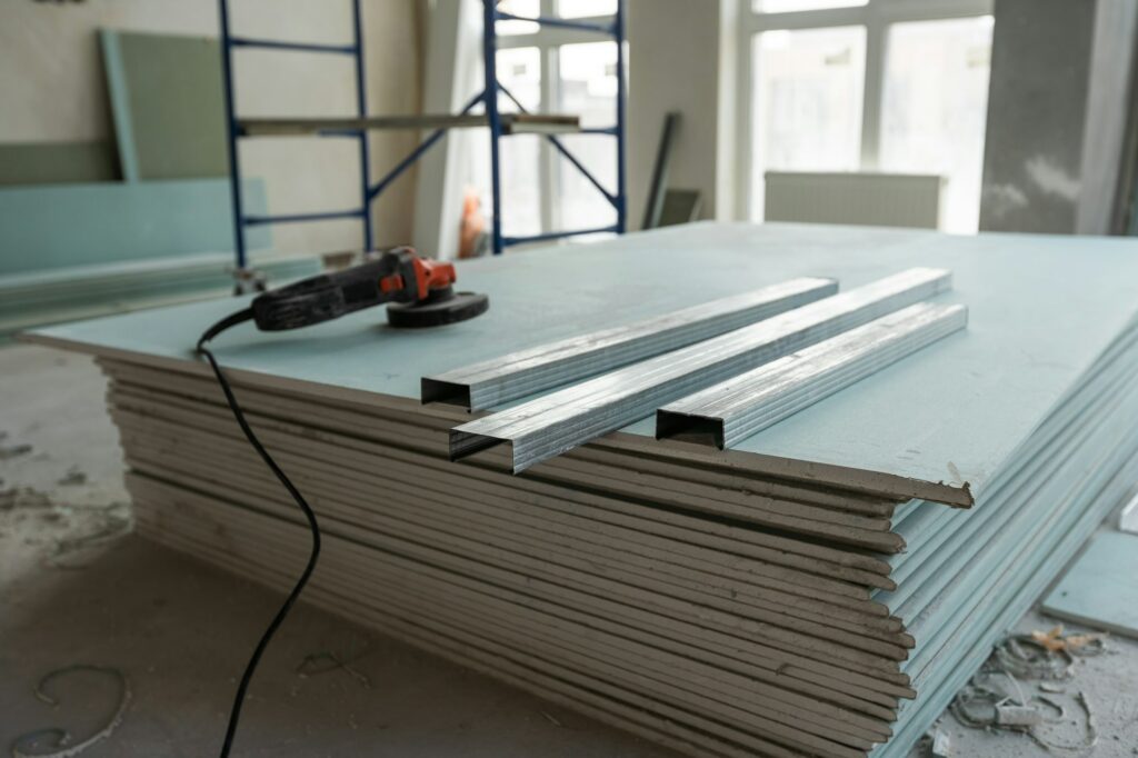 Working process of installing metal frames for plasterboard -drywall - for making gypsum walls in